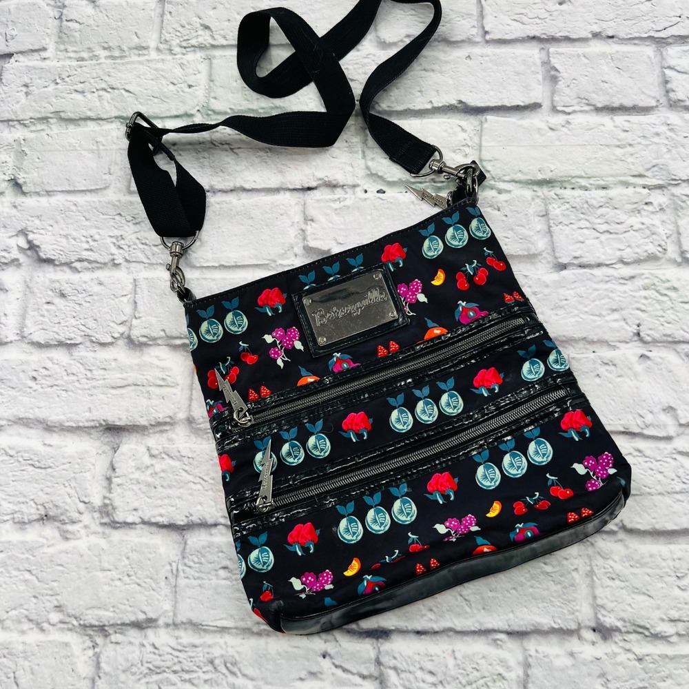 Betseyville Betsey Johnson Fruit Print Nylon Crossbody Bag Black Multi Pocket